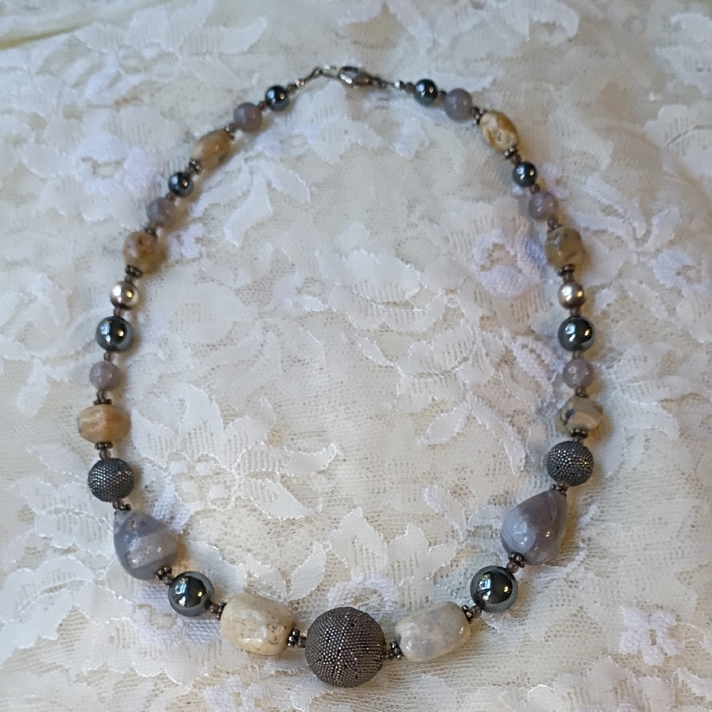beautiful Beaded Necklace in Gray and Silver